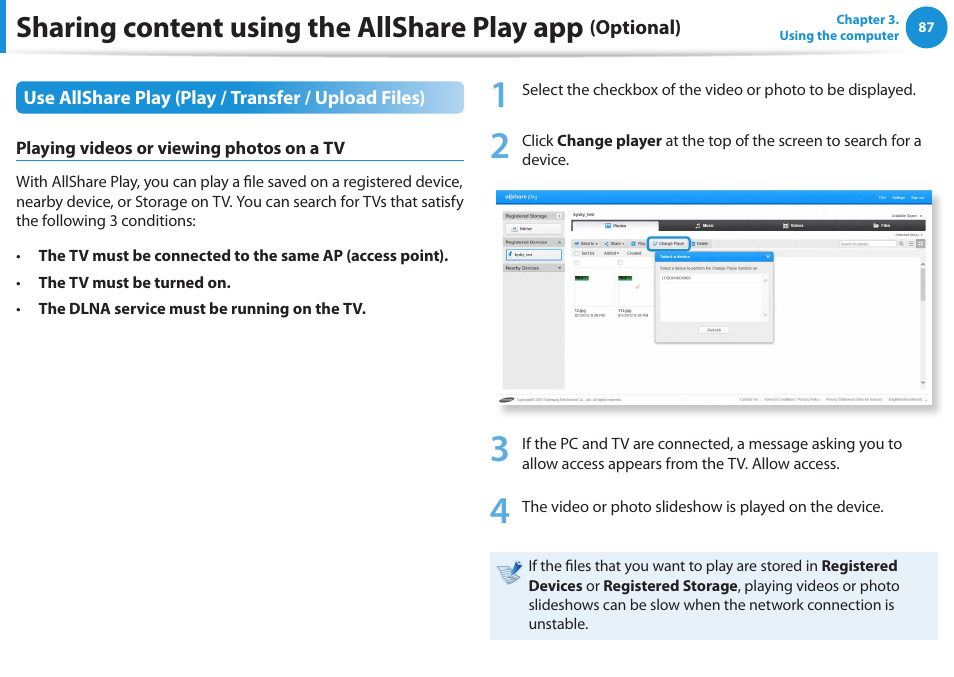 Sharing content using the allshare play app | Samsung NP520U4C-A01UB User Manual | Page 88 / 154