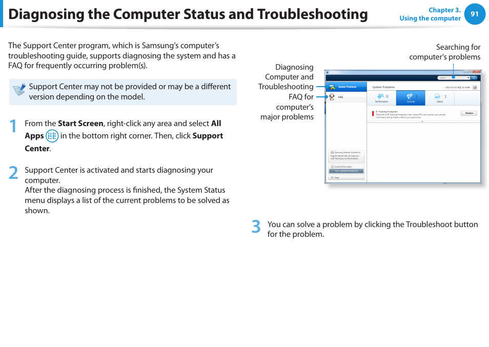 Diagnosing the computer status and troubleshooting, Diagnosing the computer status and, Troubleshooting | Samsung NP520U4C-A01UB User Manual | Page 92 / 154