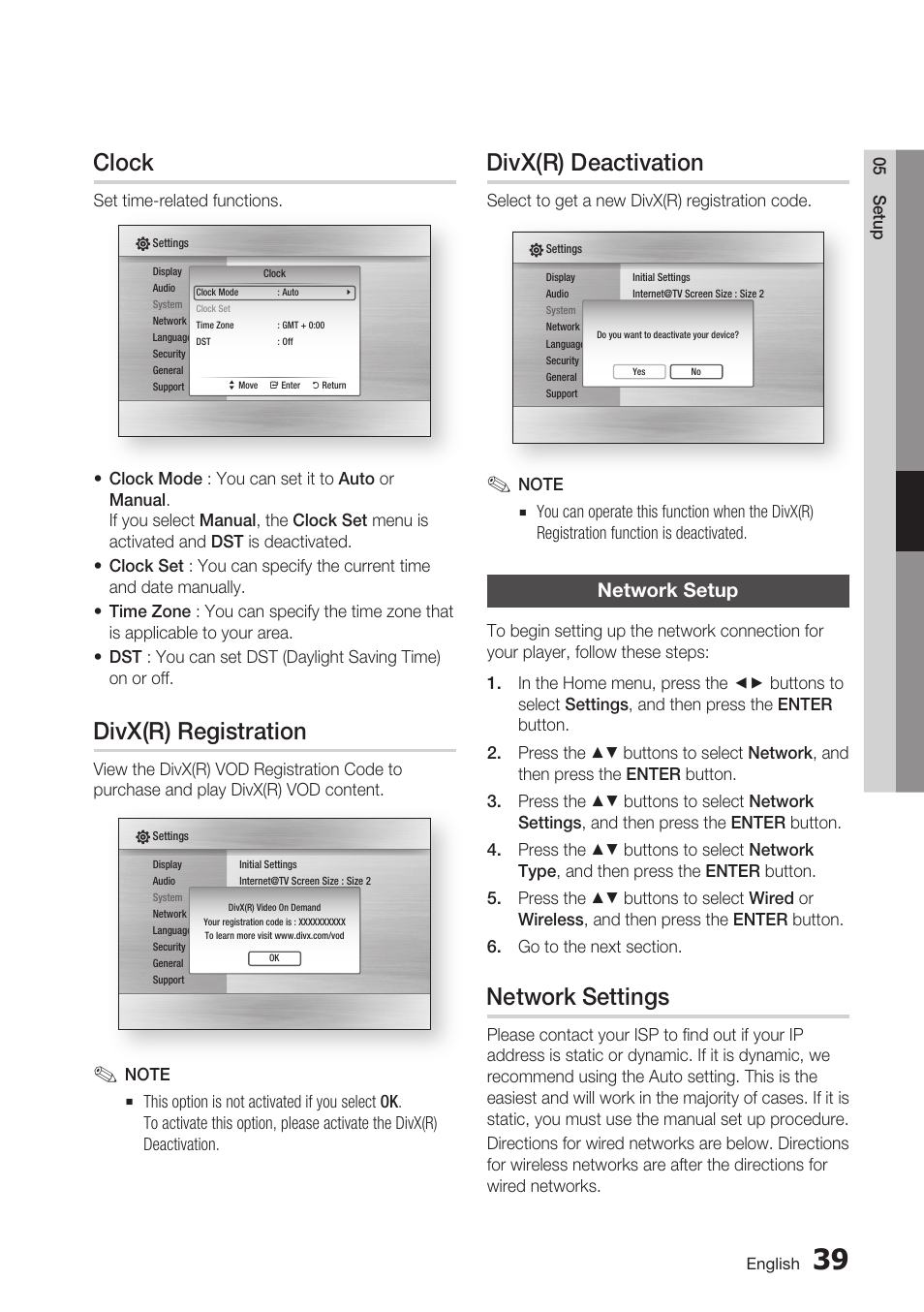 Clock, Divx(r) registration, Divx(r) deactivation | Network setup, Network settings | Samsung BD-C7900-XAA User Manual | Page 39 / 74