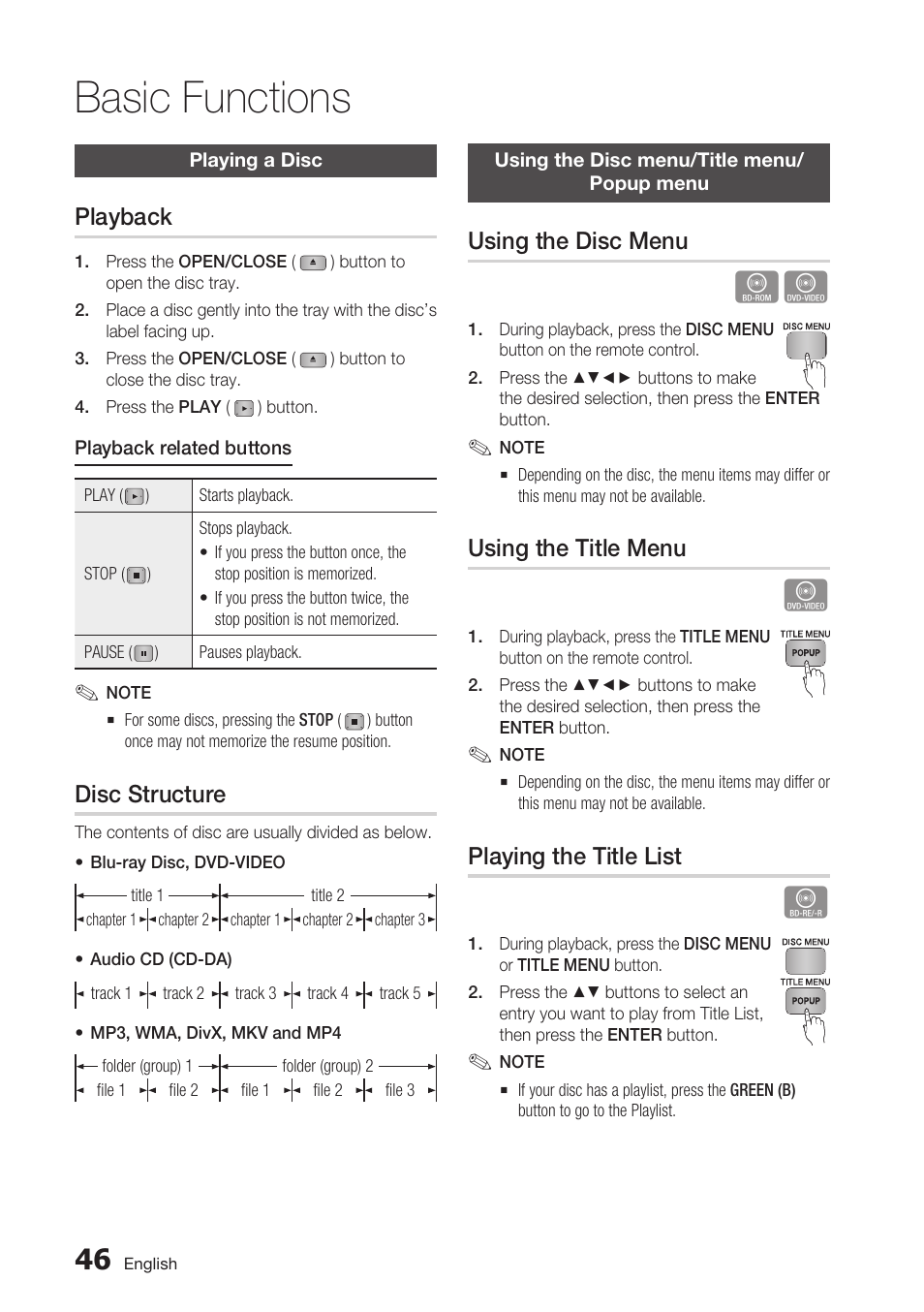 Basic functions, Playing a disc, Playback | Disc structure, Using the disc menu/title menu/popup menu, Using the disc menu, Using the title menu, Playing the title list | Samsung BD-C7900-XAA User Manual | Page 46 / 74