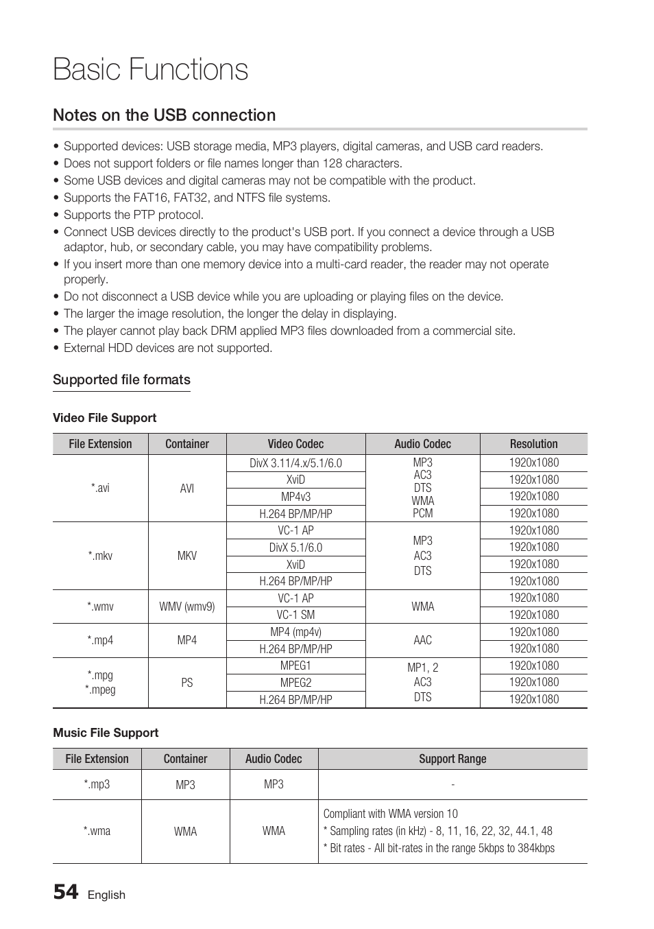 Notes on the usb connection, Basic functions | Samsung BD-C7900-XAA User Manual | Page 54 / 74