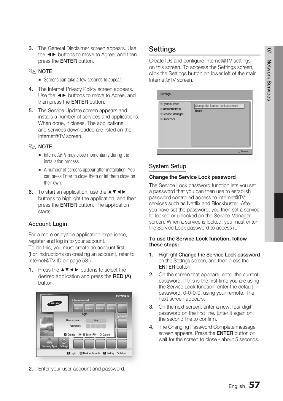 Settings, Account login, System setup | Samsung BD-C7900-XAA User Manual | Page 57 / 74