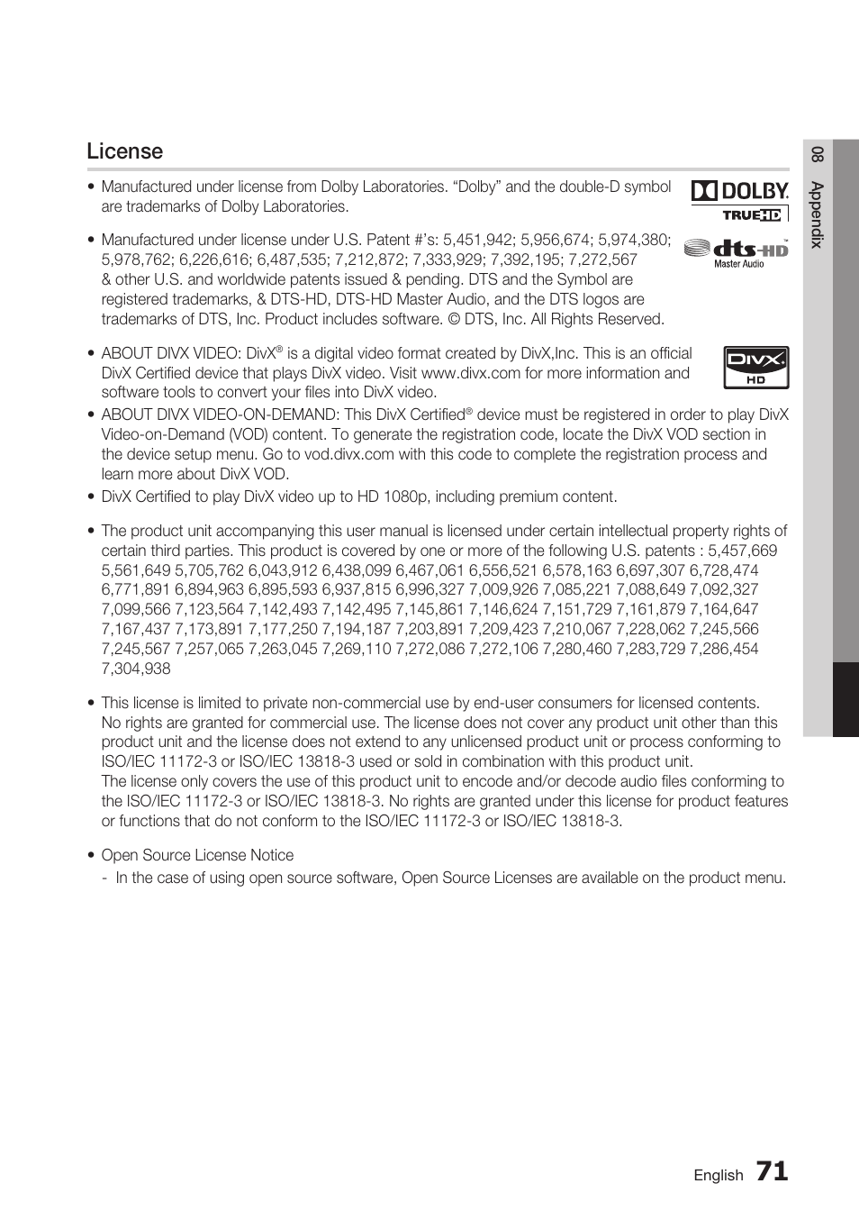 License | Samsung BD-C7900-XAA User Manual | Page 71 / 74