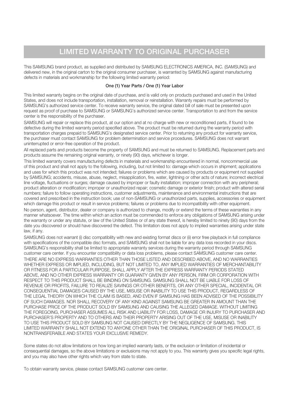 Limited warranty to original purchaser | Samsung BD-C7900-XAA User Manual | Page 72 / 74