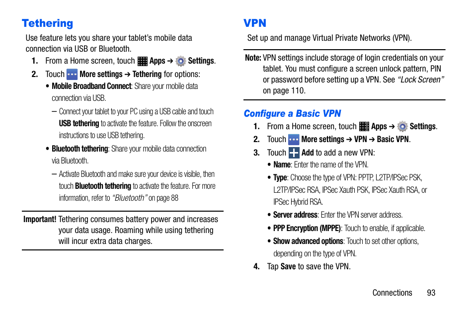 Tethering, Tethering vpn | Samsung SM-P605VZKEVZW User Manual | Page 100 / 138