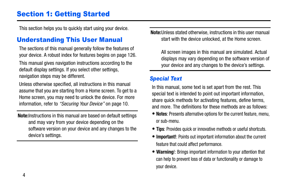 Section 1: getting started, Understanding this user manual | Samsung SM-P605VZKEVZW User Manual | Page 11 / 138