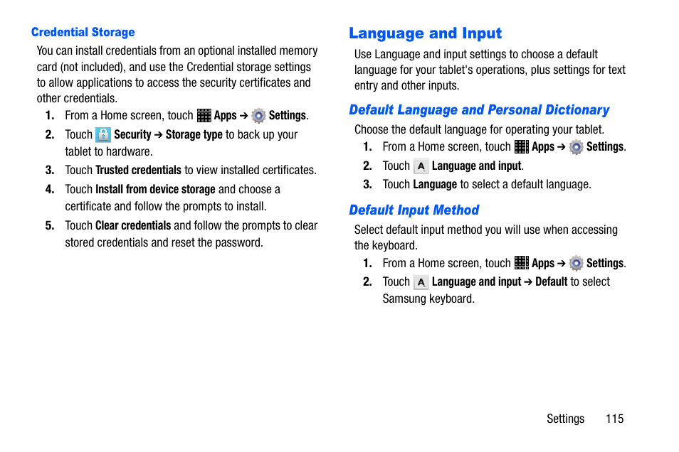 Language and input | Samsung SM-P605VZKEVZW User Manual | Page 122 / 138
