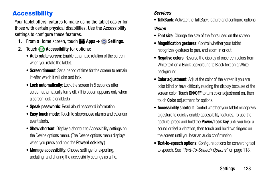 Accessibility | Samsung SM-P605VZKEVZW User Manual | Page 130 / 138