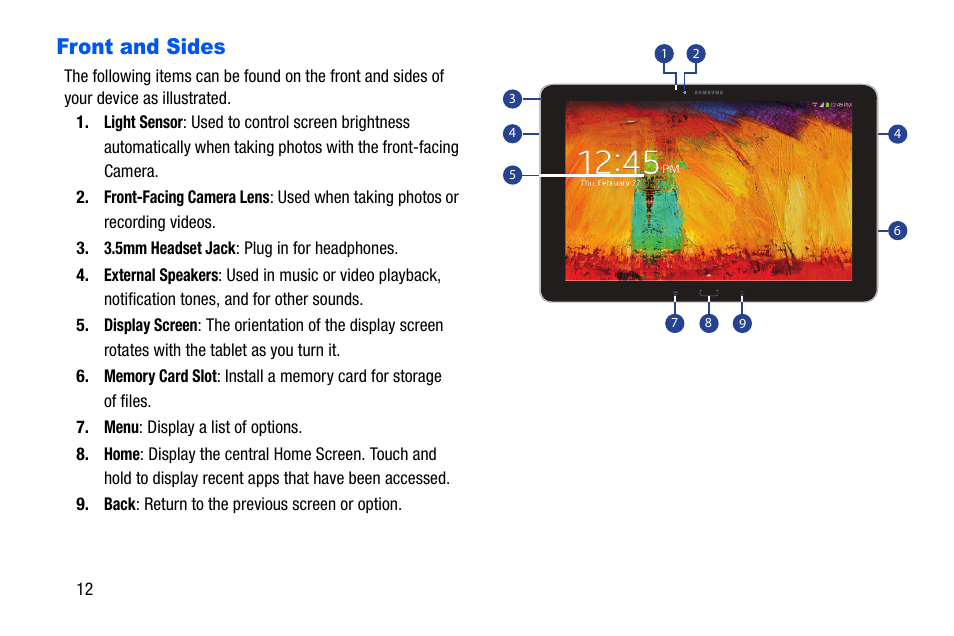 Front and sides | Samsung SM-P605VZKEVZW User Manual | Page 19 / 138
