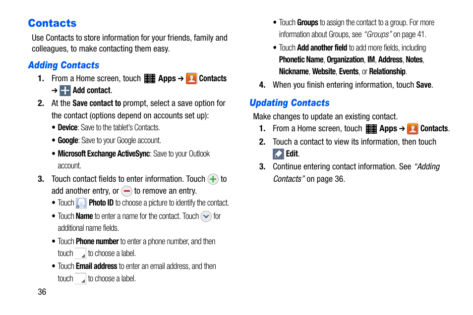 Contacts | Samsung SM-P605VZKEVZW User Manual | Page 43 / 138