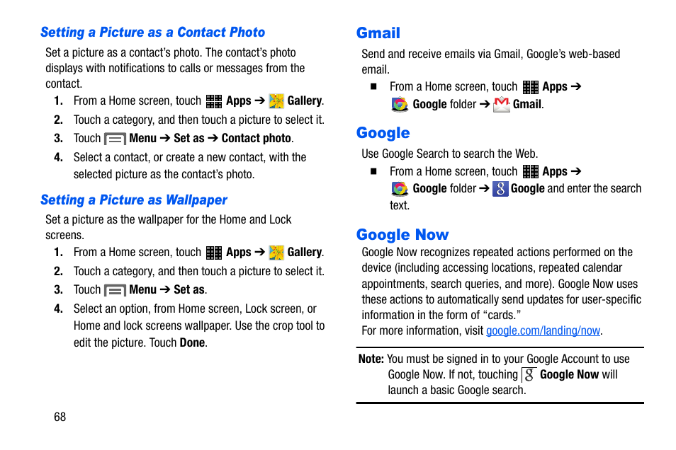 Gmail, Google, Google now | Gmail google google now | Samsung SM-P605VZKEVZW User Manual | Page 75 / 138