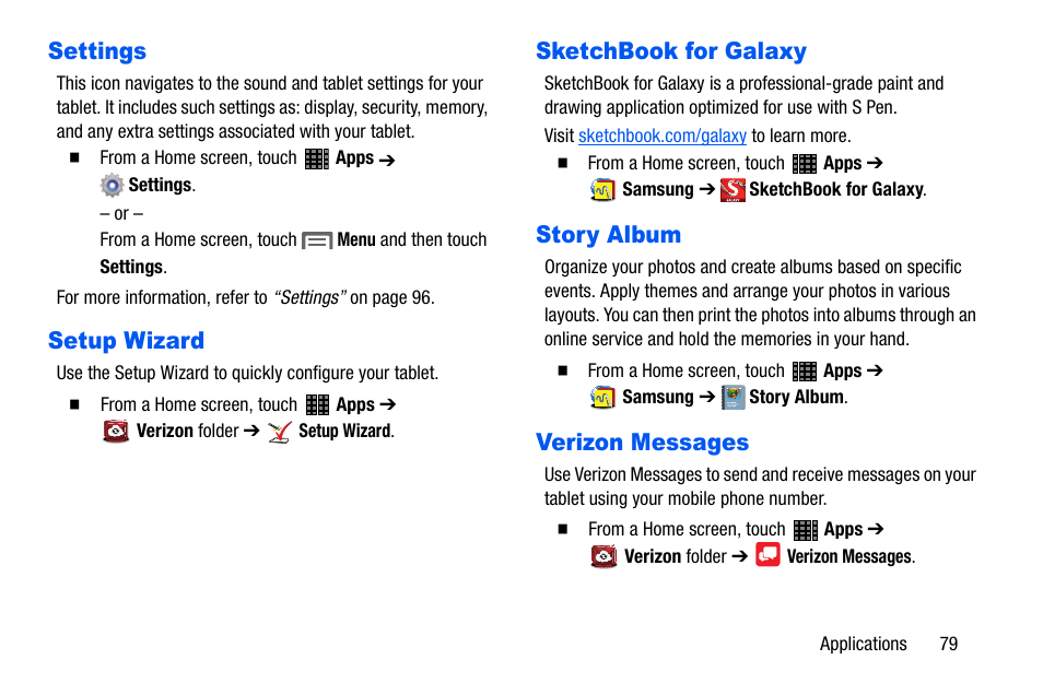 Settings, Setup wizard, Sketchbook for galaxy | Story album, Verizon messages | Samsung SM-P605VZKEVZW User Manual | Page 86 / 138