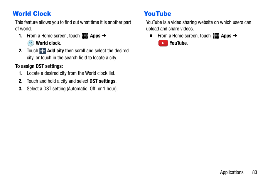 World clock, Youtube, World clock youtube | Samsung SM-P605VZKEVZW User Manual | Page 90 / 138