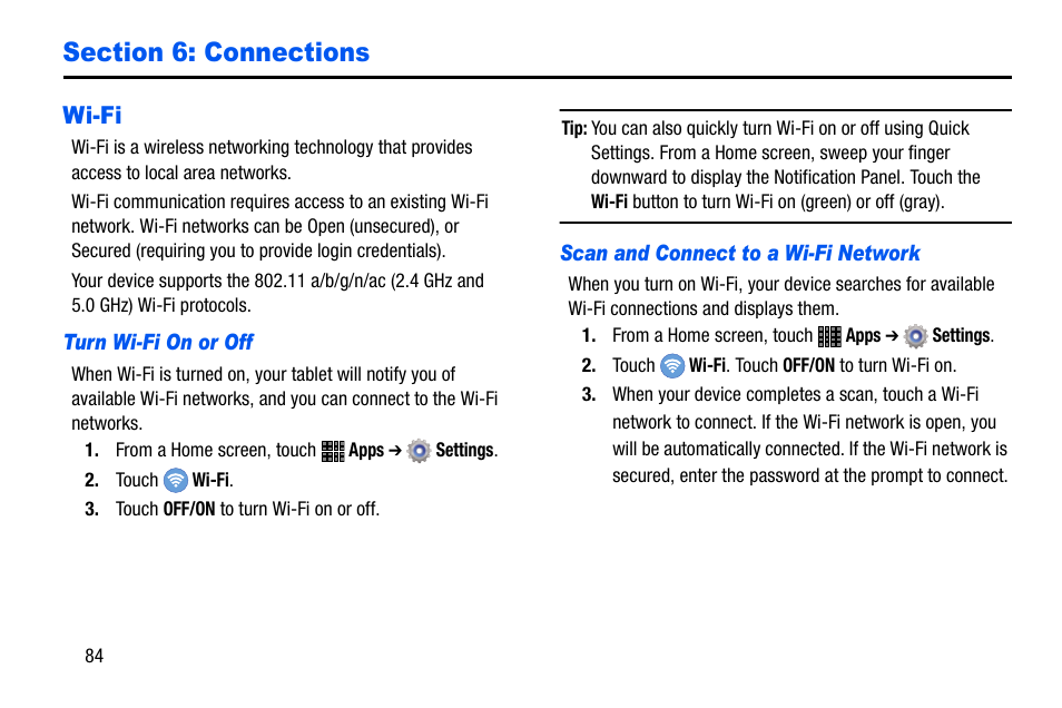 Section 6: connections, Wi-fi | Samsung SM-P605VZKEVZW User Manual | Page 91 / 138