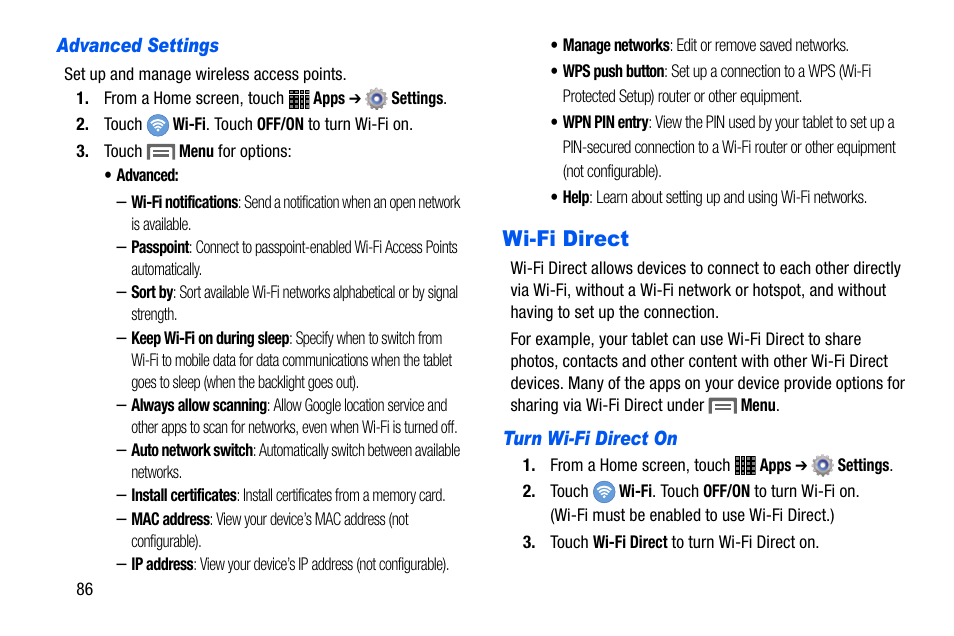 Wi-fi direct | Samsung SM-P605VZKEVZW User Manual | Page 93 / 138