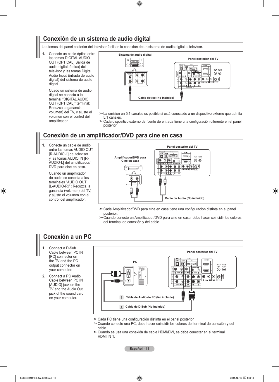 Conexión de un amplificador/dvd para cine en casa, Conexión de un sistema de audio digital, Conexión a un pc | Samsung LNT4066FX-XAA User Manual | Page 101 / 178