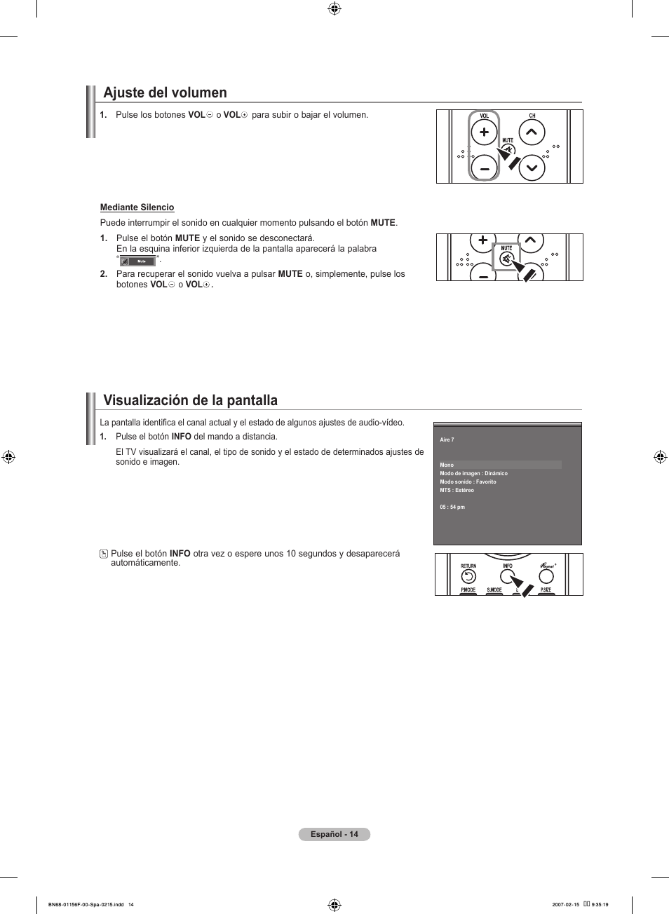 Ajuste del volumen, Visualización de la pantalla | Samsung LNT4066FX-XAA User Manual | Page 104 / 178
