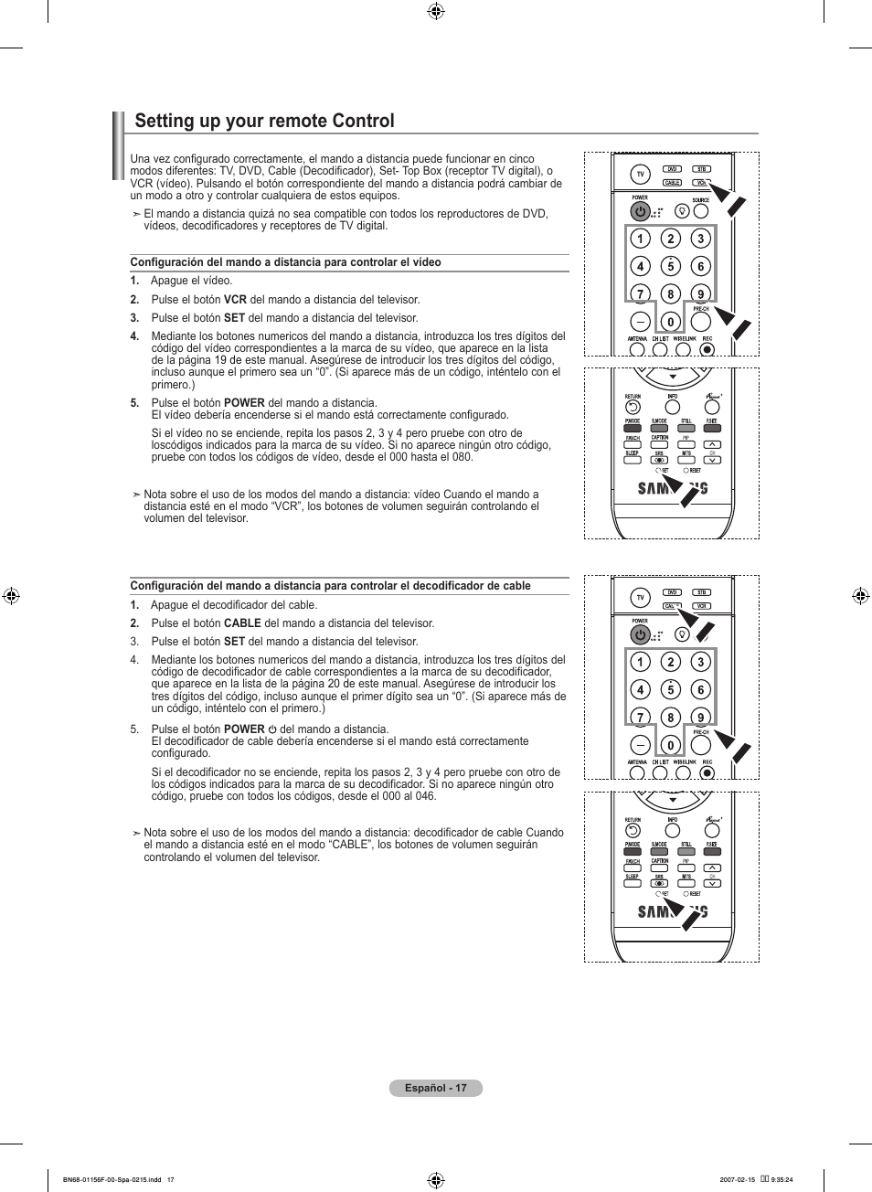 Setting up your remote control | Samsung LNT4066FX-XAA User Manual | Page 107 / 178