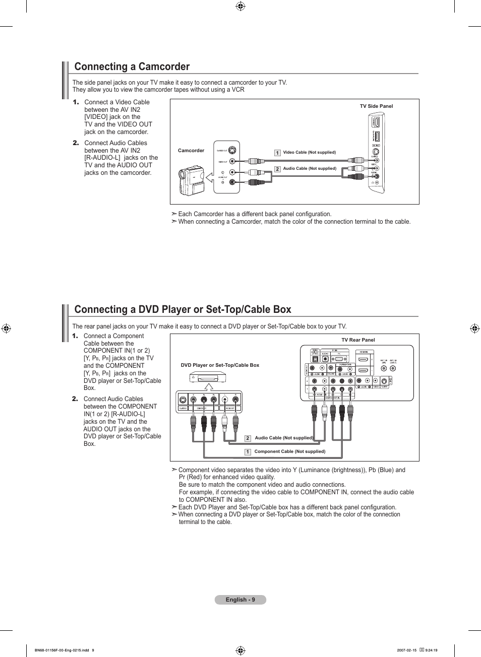 Connecting a camcorder, Connecting a dvd player or set-top/cable box | Samsung LNT4066FX-XAA User Manual | Page 11 / 178