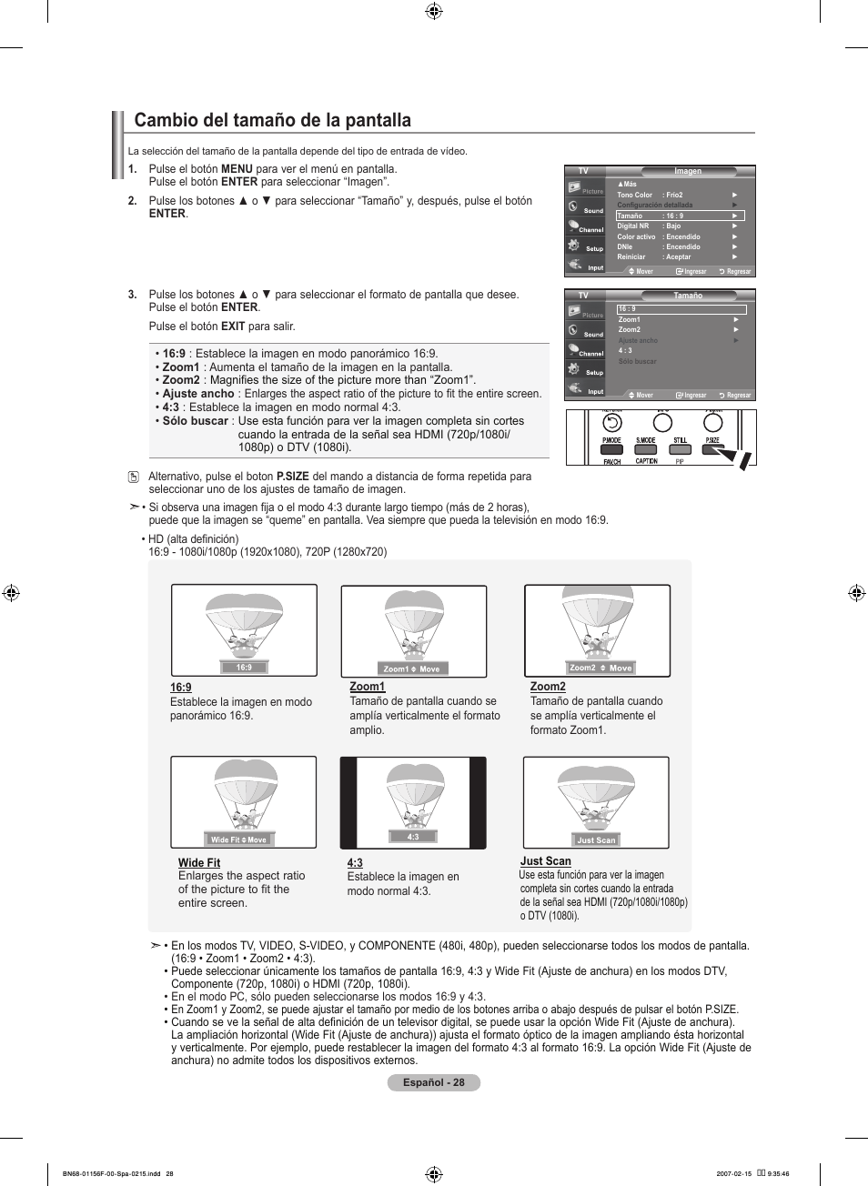 Cambio del tamaño de la pantalla | Samsung LNT4066FX-XAA User Manual | Page 118 / 178