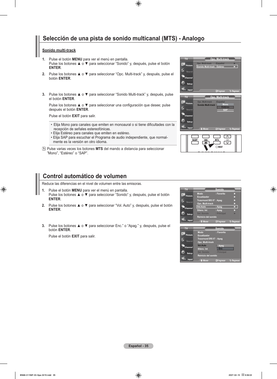 Control automático de volumen | Samsung LNT4066FX-XAA User Manual | Page 125 / 178
