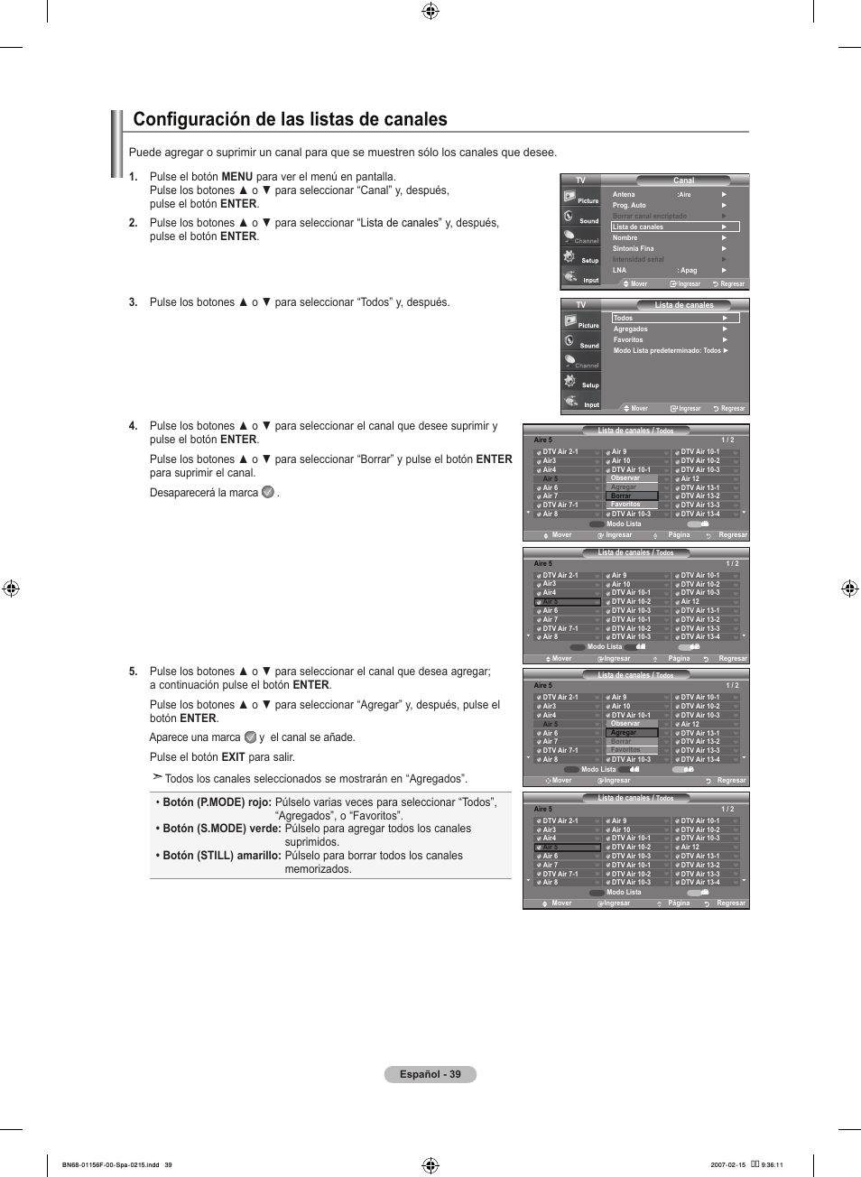 Configuración de las listas de canales | Samsung LNT4066FX-XAA User Manual | Page 129 / 178