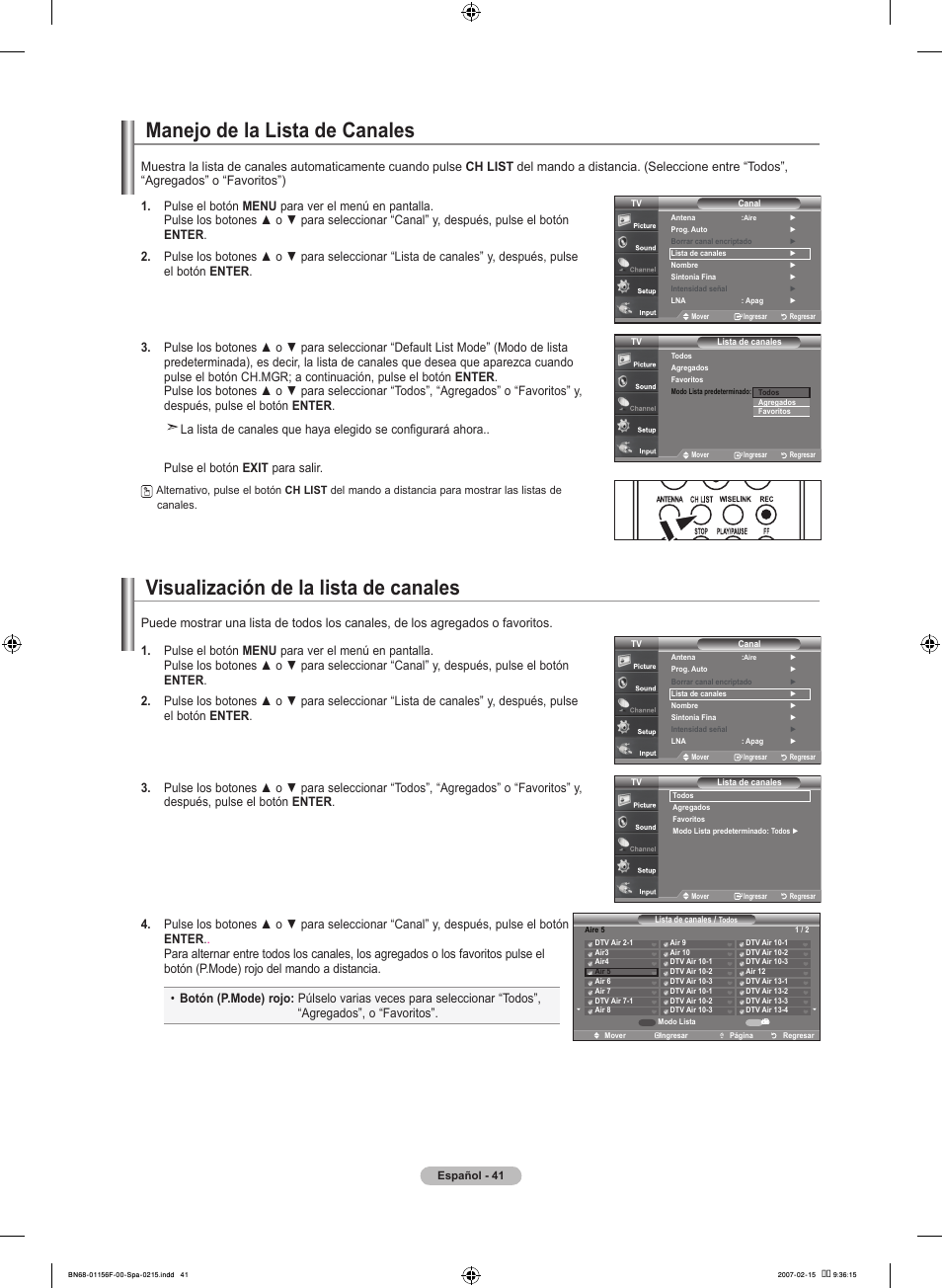 Manejo de la lista de canales, Visualización de la lista de canales | Samsung LNT4066FX-XAA User Manual | Page 131 / 178