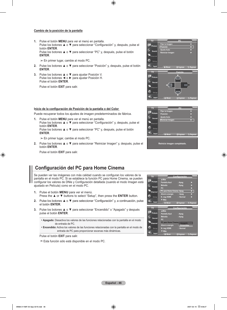 Configuración del pc para home cinema | Samsung LNT4066FX-XAA User Manual | Page 136 / 178