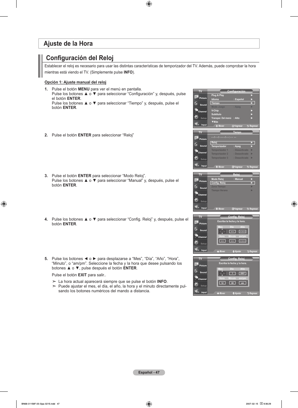 Configuración del reloj, Ajuste de la hora | Samsung LNT4066FX-XAA User Manual | Page 137 / 178