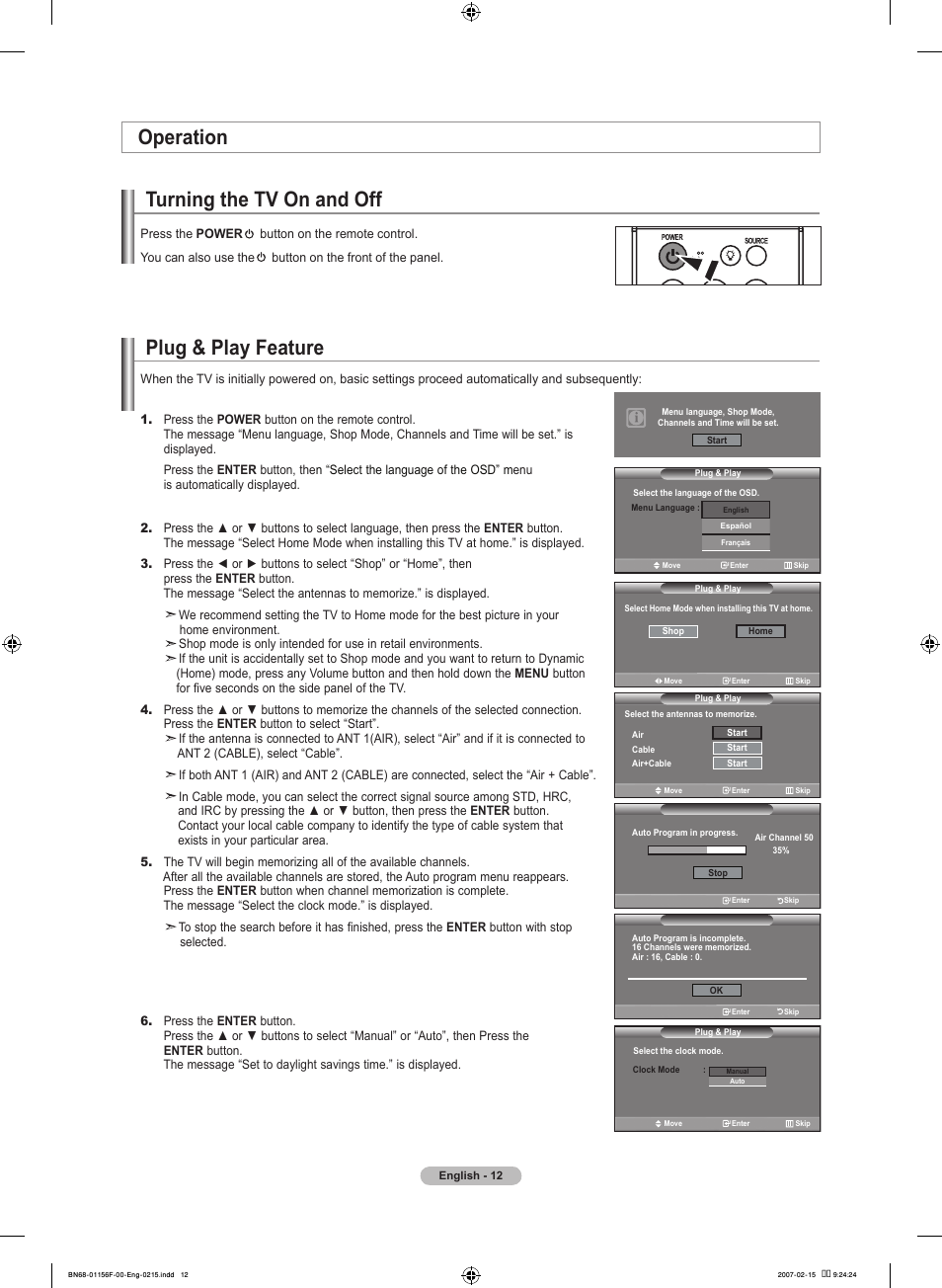 Operation, Turning the tv on and off, Plug & play feature | Samsung LNT4066FX-XAA User Manual | Page 14 / 178