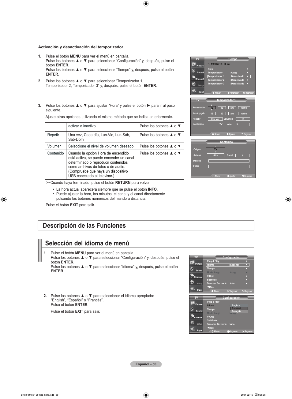 Selección del idioma de menú, Descripción de las funciones | Samsung LNT4066FX-XAA User Manual | Page 140 / 178