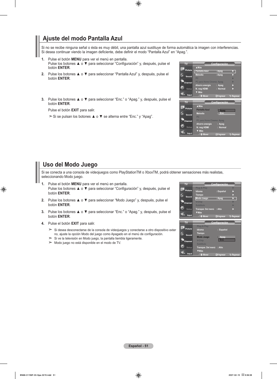 Ajuste del modo pantalla azul, Uso del modo juego | Samsung LNT4066FX-XAA User Manual | Page 141 / 178