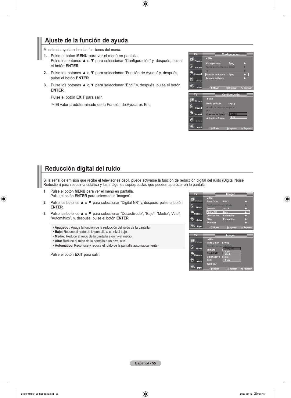 Ajuste de la función de ayuda, Reducción digital del ruido | Samsung LNT4066FX-XAA User Manual | Page 145 / 178