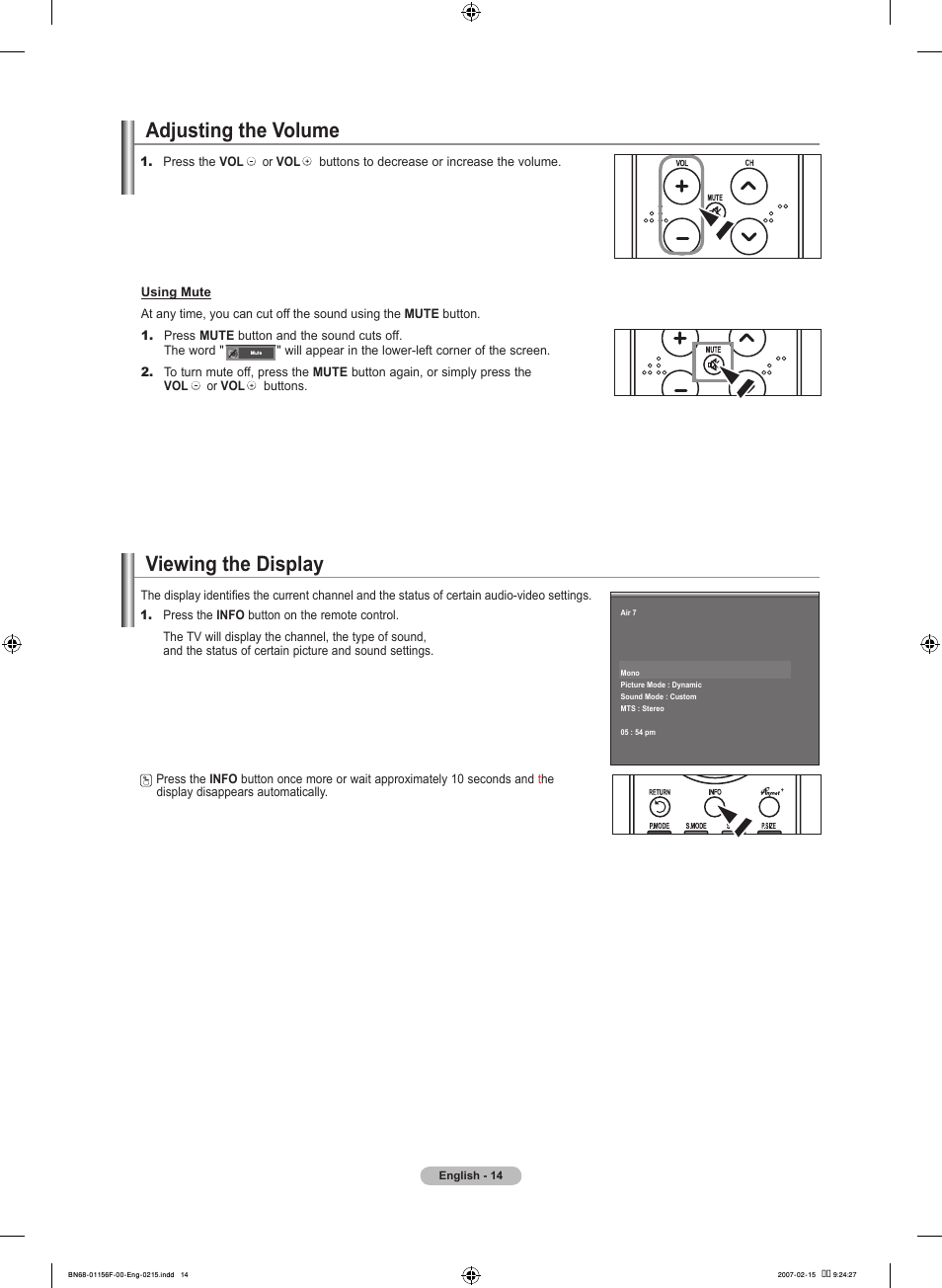 Adjusting the volume, Viewing the display | Samsung LNT4066FX-XAA User Manual | Page 16 / 178