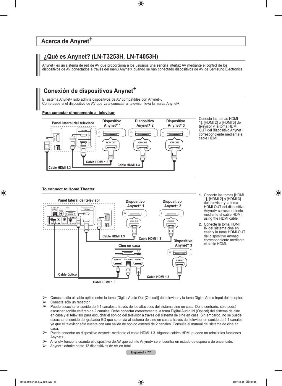 Qué es anynet? (ln-th, ln-t0h), Conexión de dispositivos anynet, Acerca de anynet | Samsung LNT4066FX-XAA User Manual | Page 167 / 178