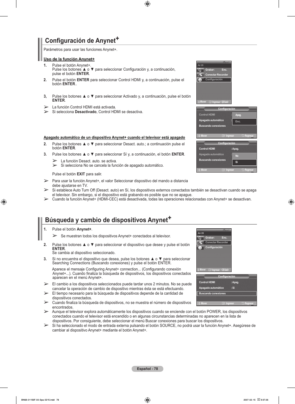 Configuración de anynet, Búsqueda y cambio de dispositivos anynet | Samsung LNT4066FX-XAA User Manual | Page 168 / 178