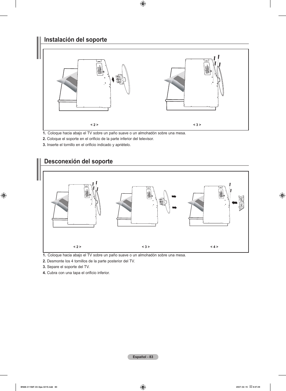 Instalación del soporte, Desconexión del soporte | Samsung LNT4066FX-XAA User Manual | Page 173 / 178