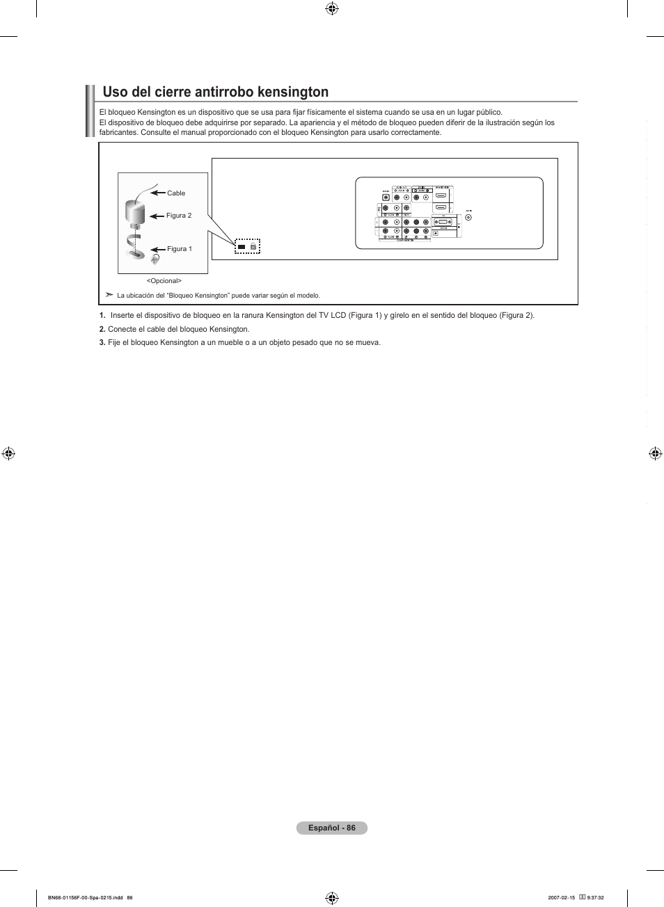 Uso del cierre antirrobo kensington | Samsung LNT4066FX-XAA User Manual | Page 176 / 178