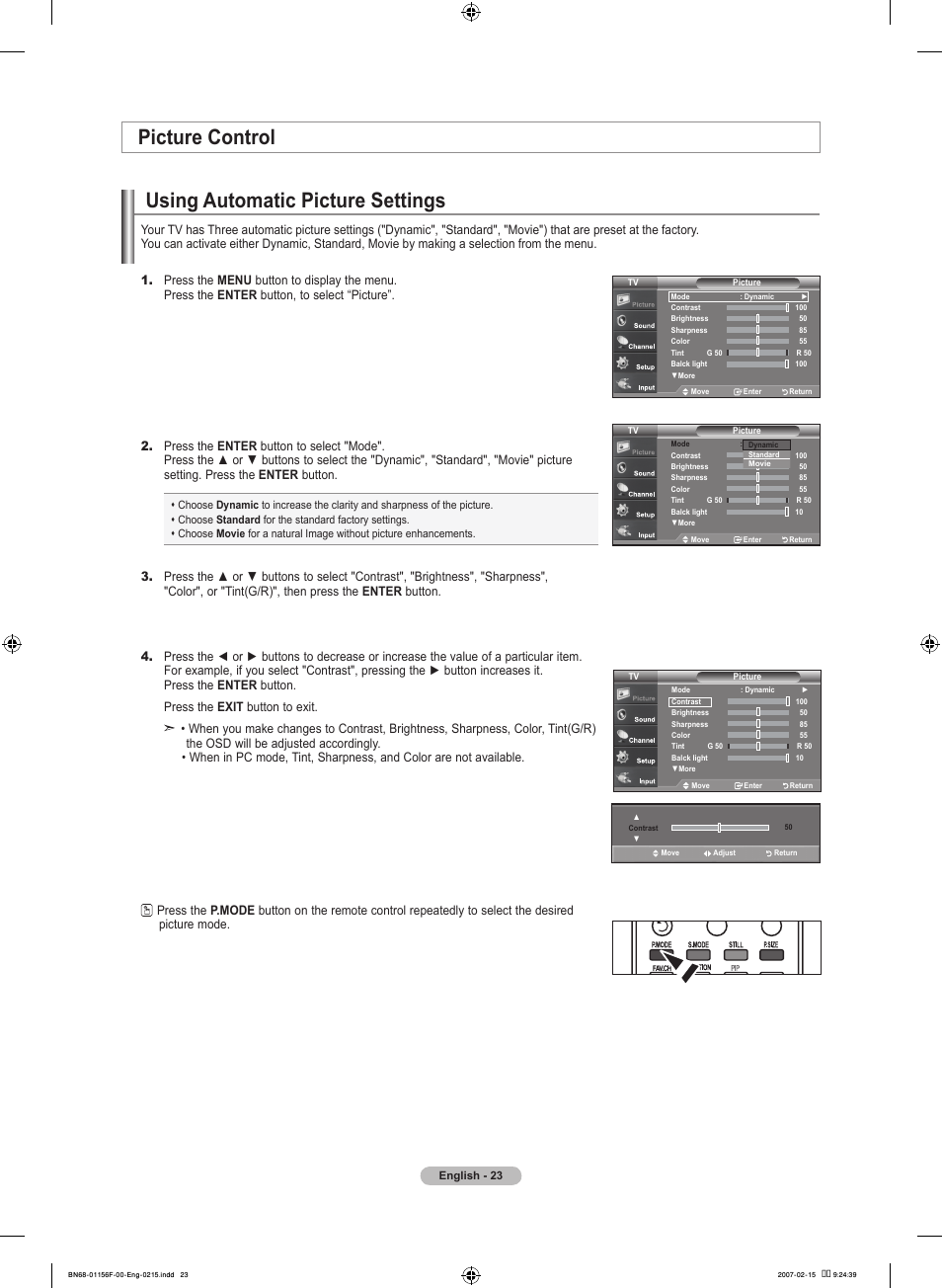 Picture control, Using automatic picture settings | Samsung LNT4066FX-XAA User Manual | Page 25 / 178