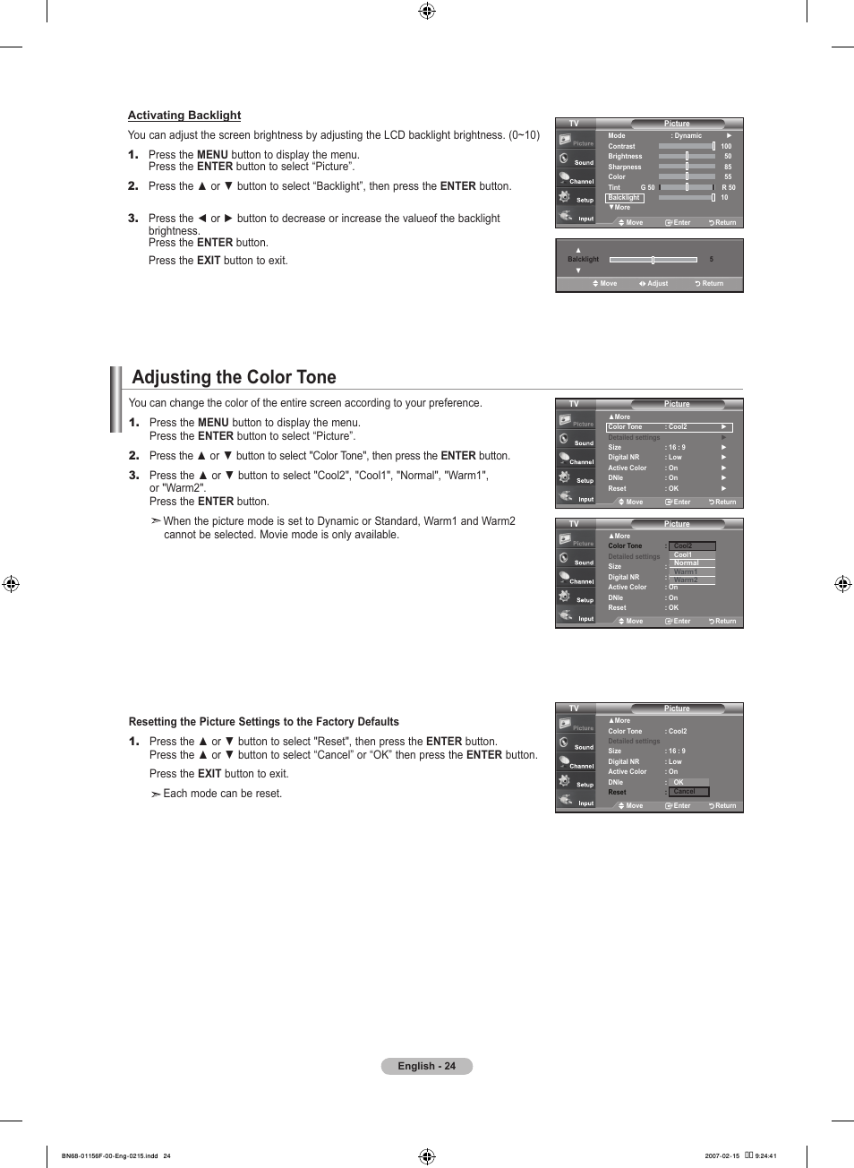 Adjusting the color tone | Samsung LNT4066FX-XAA User Manual | Page 26 / 178