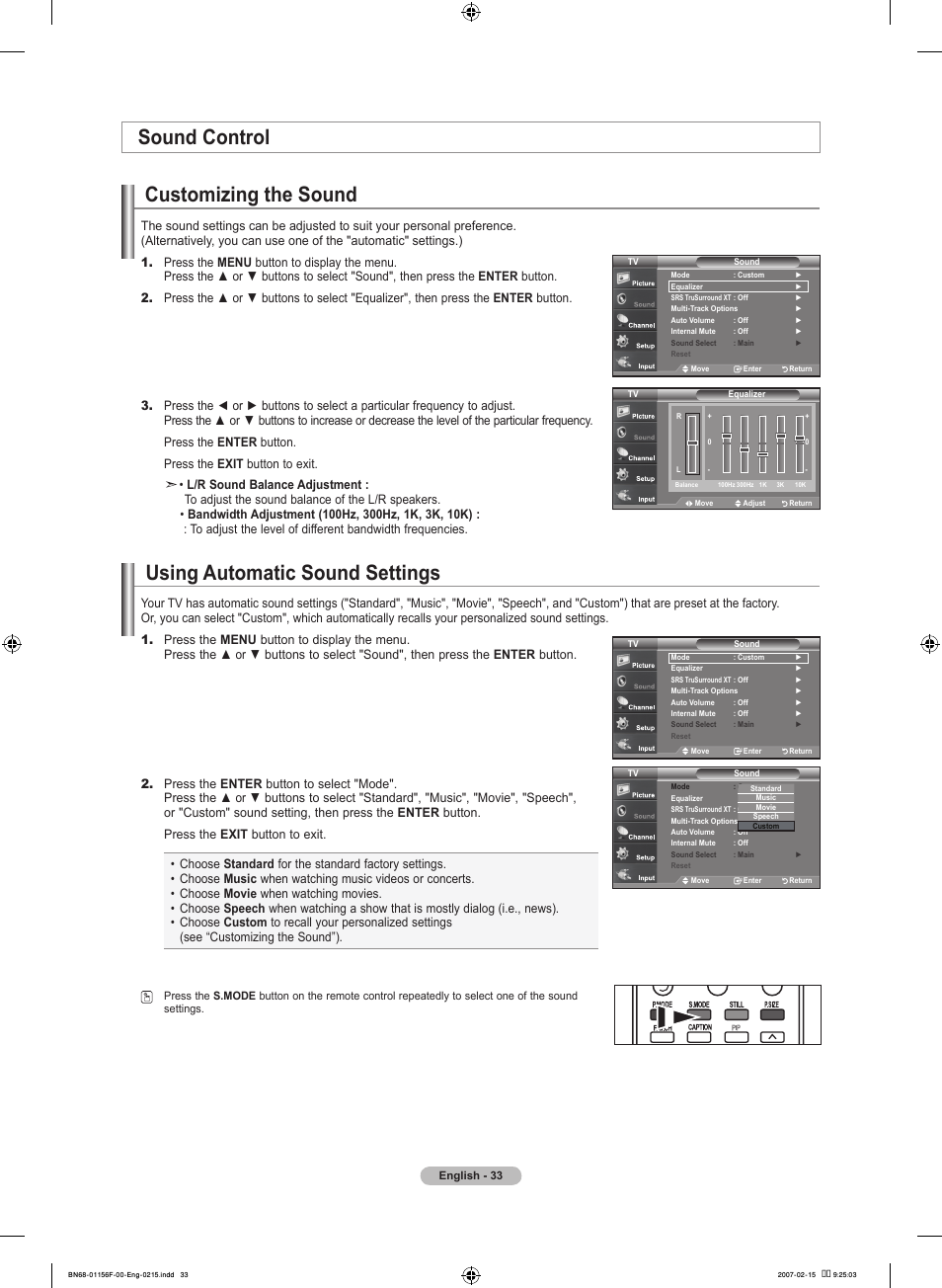 Sound control, Customizing the sound, Using automatic sound settings | Samsung LNT4066FX-XAA User Manual | Page 35 / 178