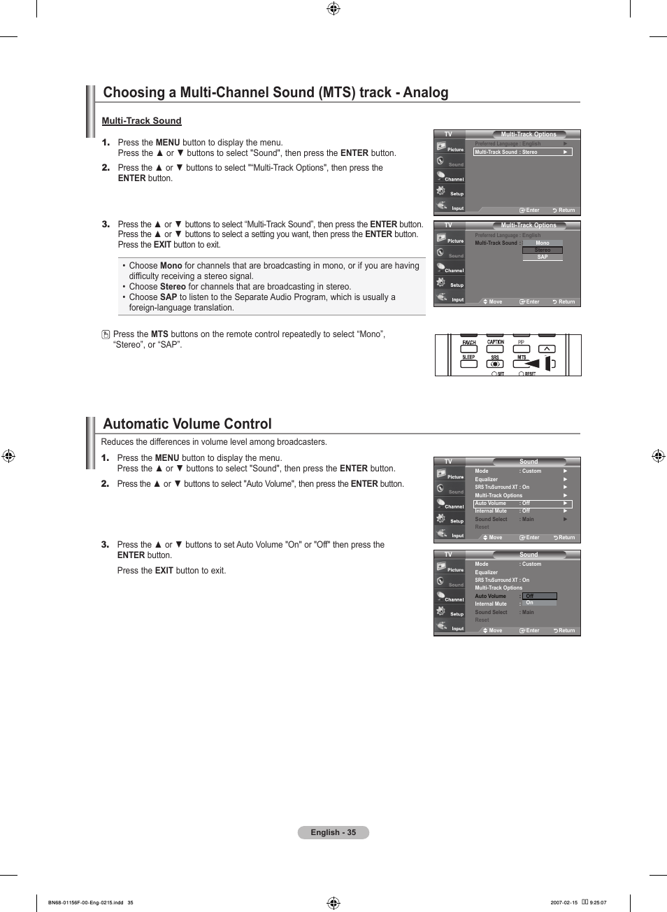 Automatic volume control | Samsung LNT4066FX-XAA User Manual | Page 37 / 178