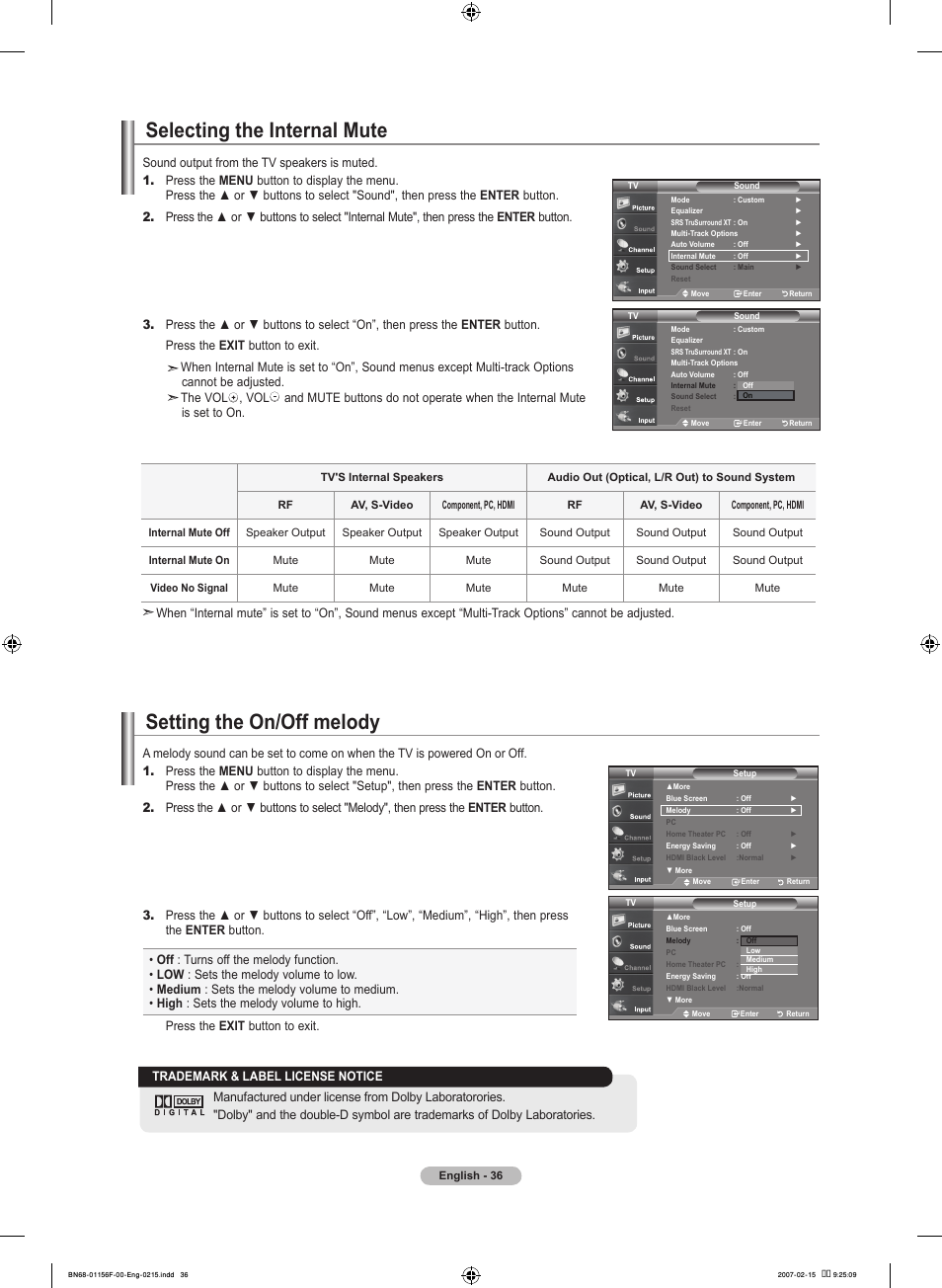 Selecting the internal mute, Setting the on/off melody | Samsung LNT4066FX-XAA User Manual | Page 38 / 178