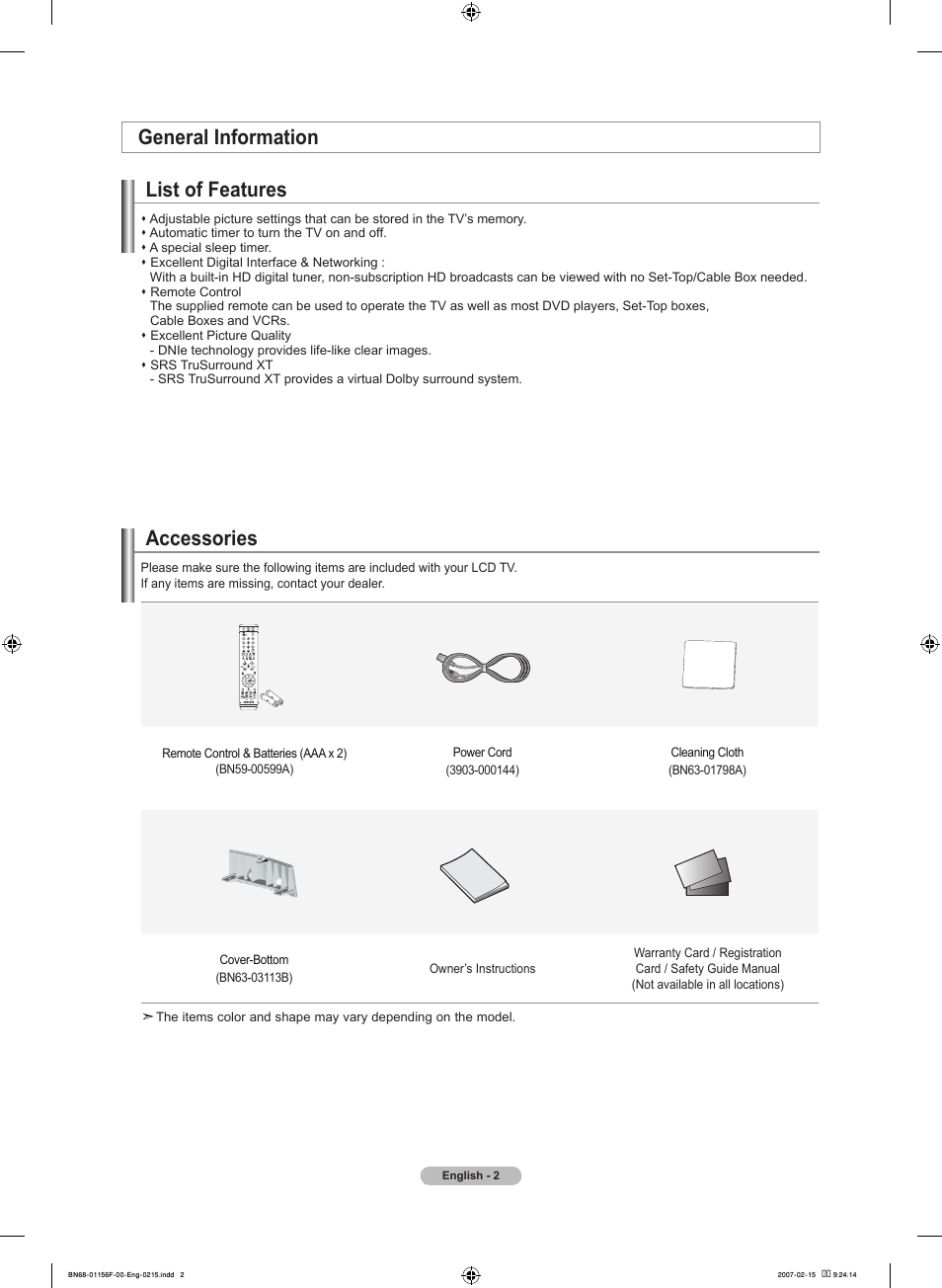 General information, List of features, Accessories | General information list of features | Samsung LNT4066FX-XAA User Manual | Page 4 / 178