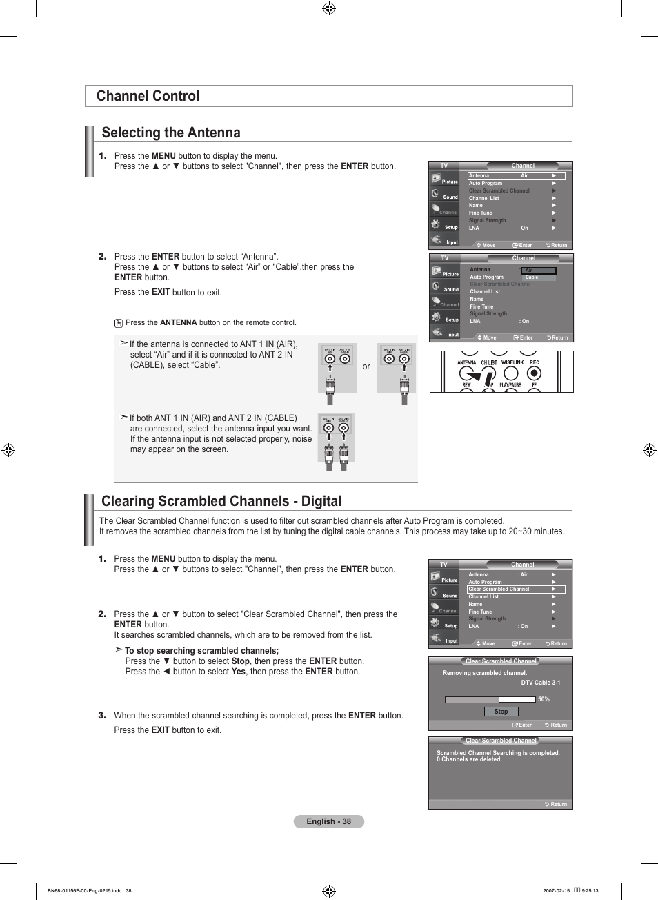 Channel control, Selecting the antenna, Clearing scrambled channels - digital | Channel control selecting the antenna | Samsung LNT4066FX-XAA User Manual | Page 40 / 178