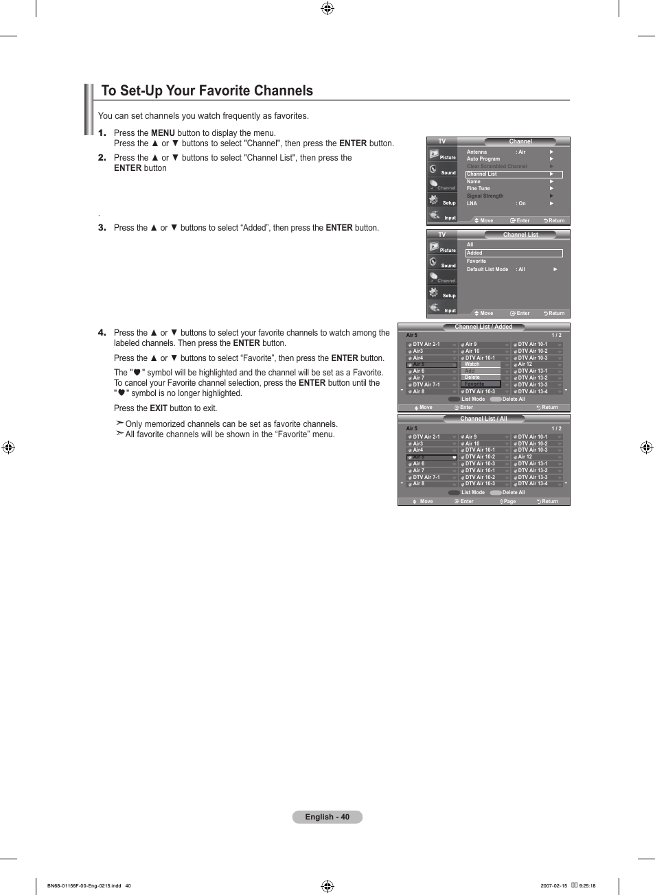 To set-up your favorite channels | Samsung LNT4066FX-XAA User Manual | Page 42 / 178