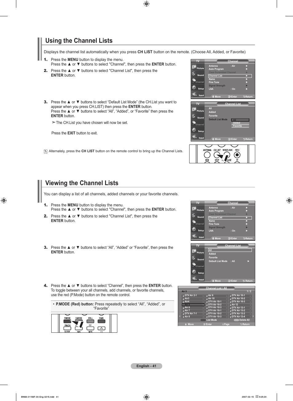 Using the channel lists, Viewing the channel lists | Samsung LNT4066FX-XAA User Manual | Page 43 / 178