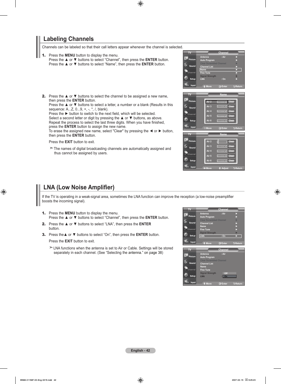 Labeling channels, Lna (low noise amplifier) | Samsung LNT4066FX-XAA User Manual | Page 44 / 178