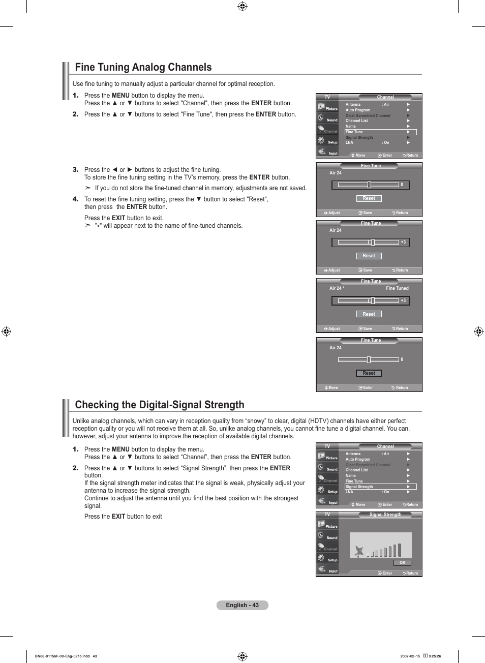 Fine tuning analog channels, Checking the digital-signal strength | Samsung LNT4066FX-XAA User Manual | Page 45 / 178
