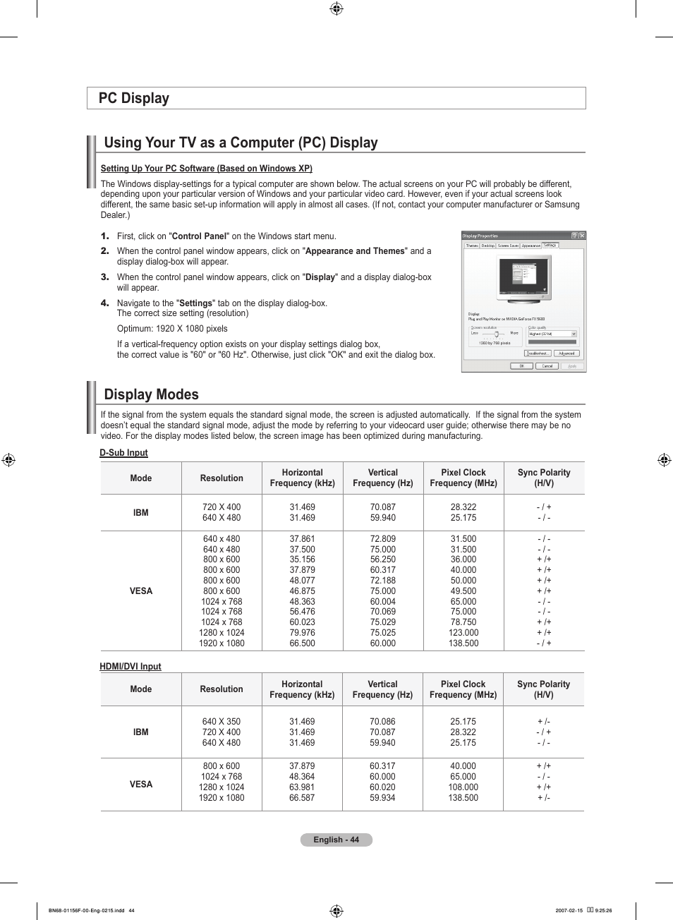 Pc display, Using your tv as a computer (pc) display, Display modes | Pc display display modes | Samsung LNT4066FX-XAA User Manual | Page 46 / 178